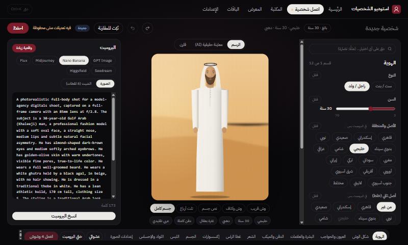 شاشة بناء الشخصية: الاختيارات على اليمين، الشخصية في النص، والبرومبت على الشمال
